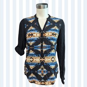 Suzy Shier Tribal Print Blouse - Black, Blue, Brown